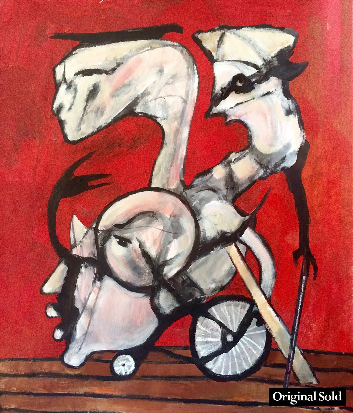 Abstract painting of a person with a bird head riding a bicycle against a red background, labeled 'Original Sold'.