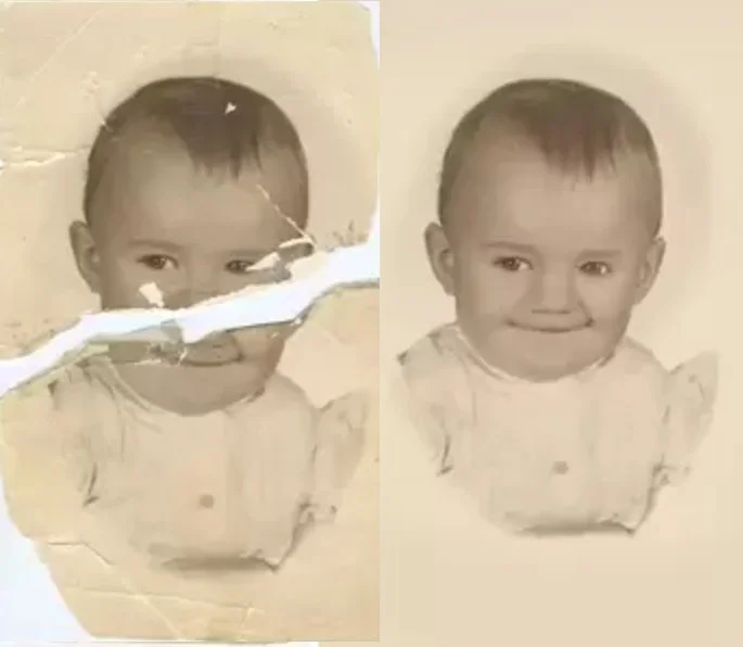 Comparison of an old, torn photograph of a young child with a restored version showing the child's smiling face.