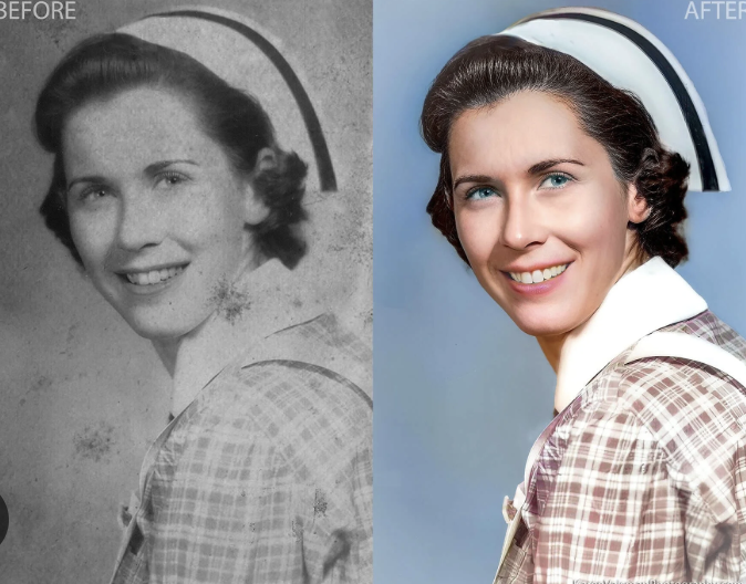 Before and after transformation of a young woman in a nurse's cap, showing a black-and-white old photo on the left and a color modern photo on the right.