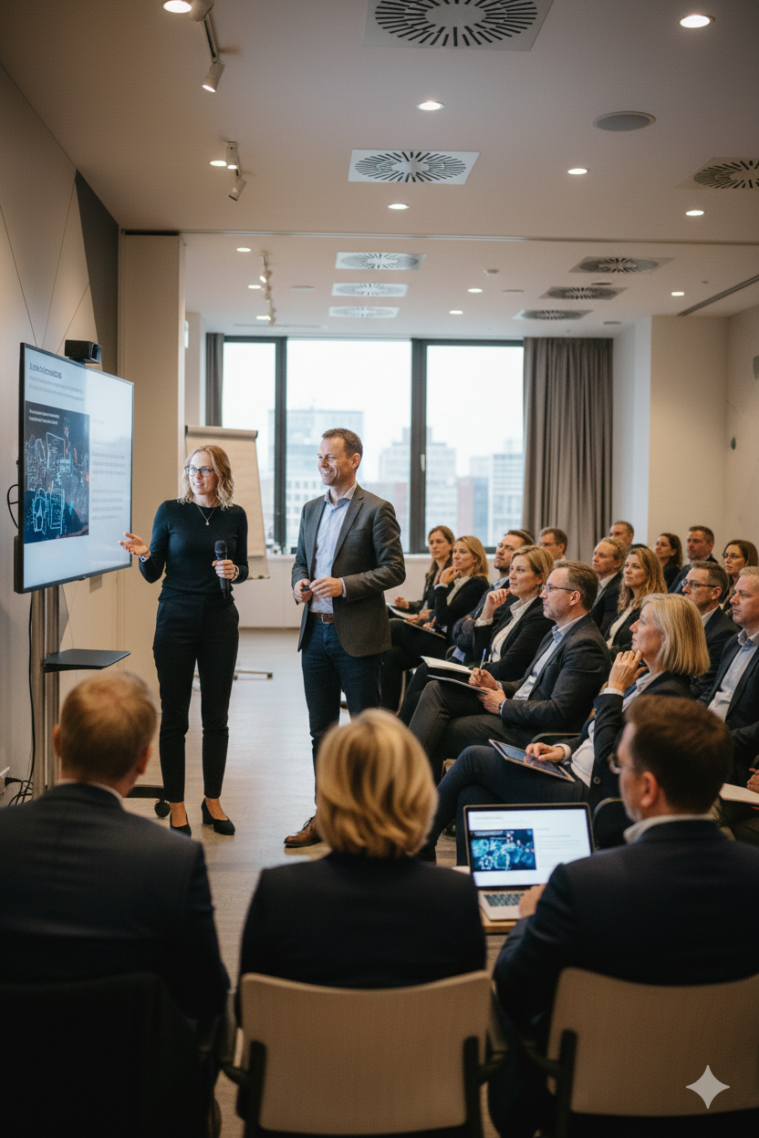 A professional presentation in a modern conference room with a large screen displaying a slide, where a woman with glasses and a black outfit is speaking and a man in a suit is standing beside her. The audience is composed of business professionals seated and listening attentively, some taking notes or using laptops, with large windows showing an urban cityscape in the background.