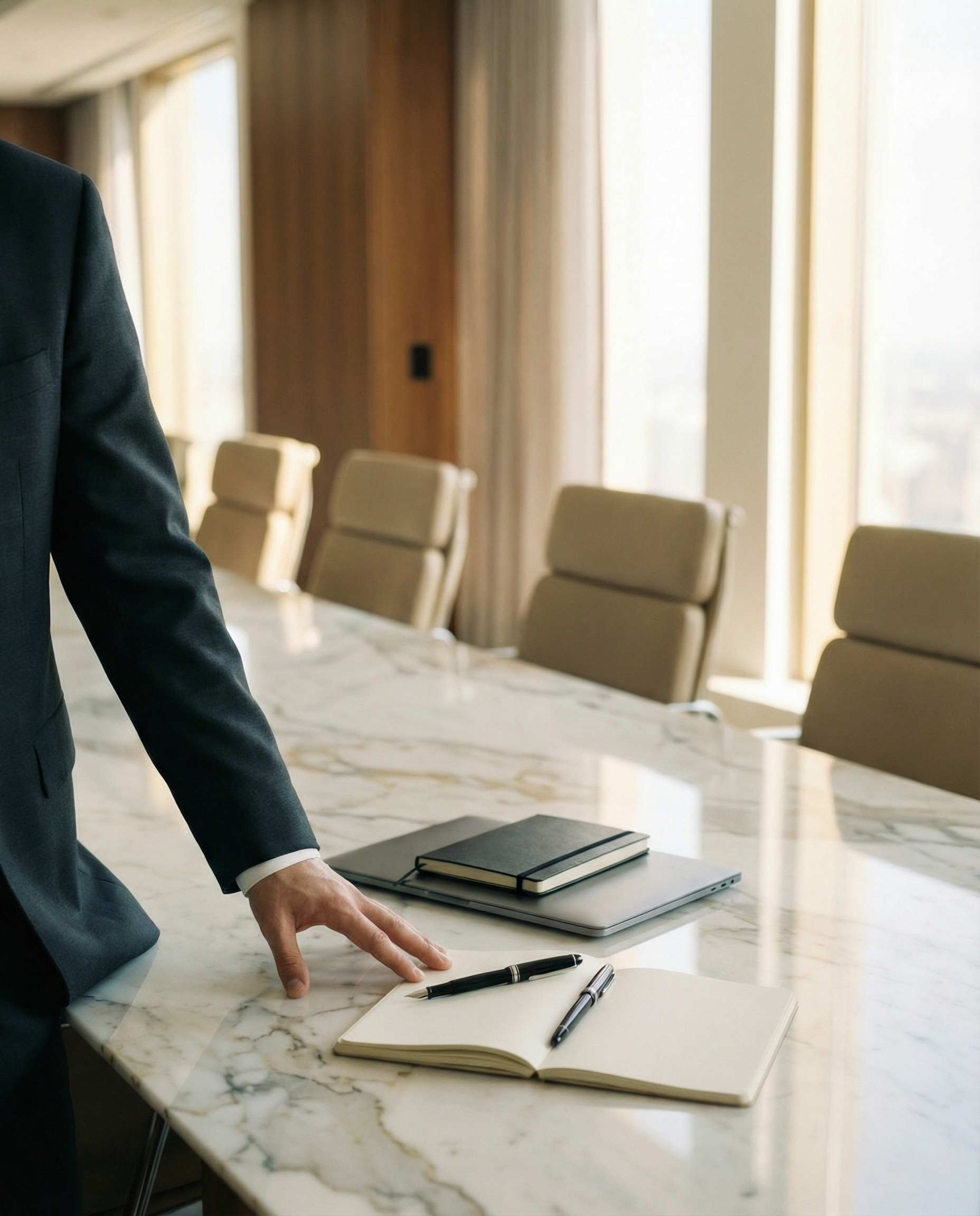 Business person standing next to a conference table with notebooks and pens, in a well-lit room with large windows.