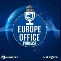 Logo for Europe Office Podcast with a globe, microphone icon, and text