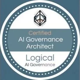 A circular badge with the text 'Certified AI Governance Architect' and 'Logical AI Governance,' featuring a geometric logo at the top.
