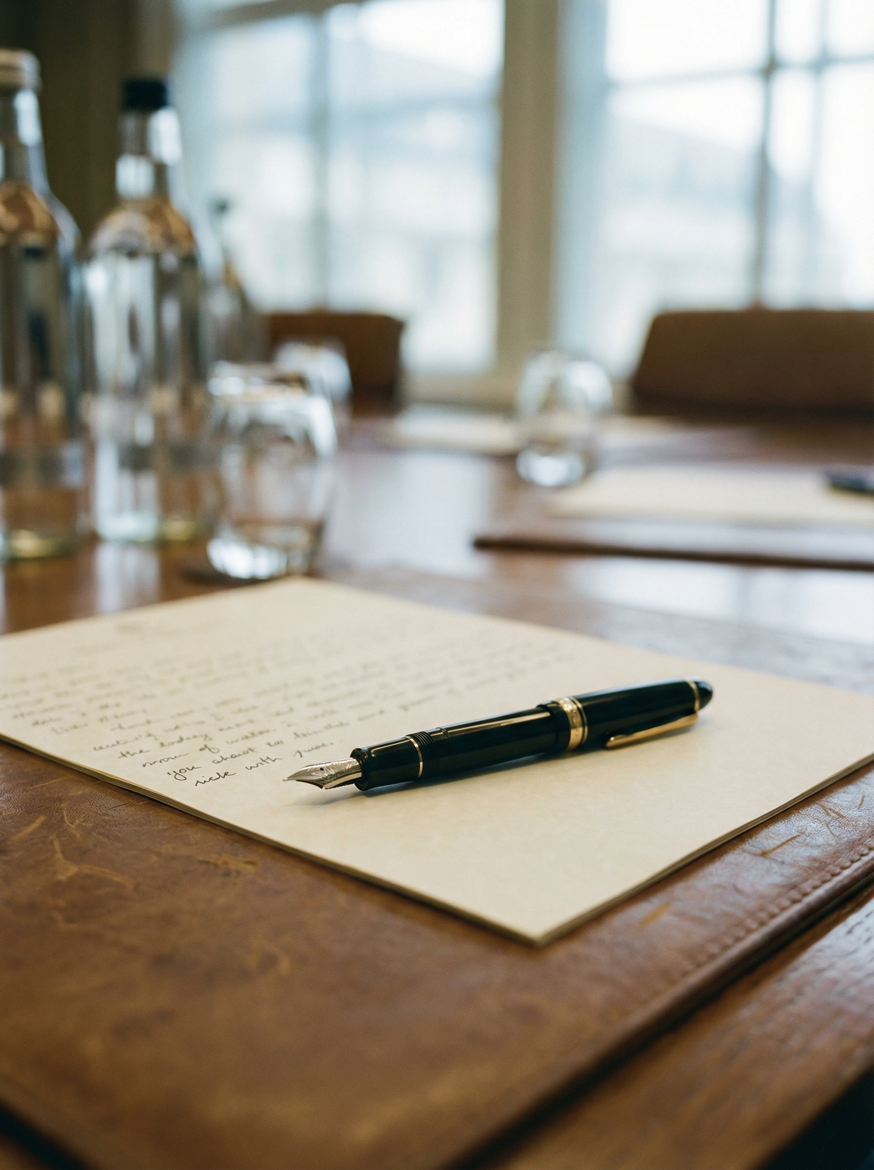 A handwritten letter on a sheet of paper with a black fountain pen resting on top, on a wooden table in a well-lit room.
