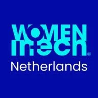 Logo of Women in Tech Netherlands featuring the words 'Women in Tech' in blue and turquoise on a dark blue background.