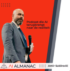 A man in a suit holding a microphone, standing in front of a red and gray background with text in Dutch about AI podcasts, and the logo of Almanac.