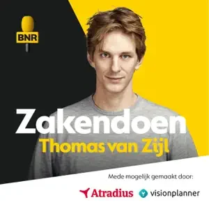 Book cover featuring a young man with short brown hair, with a split background in black and yellow, and text in Dutch including the name Zakendoen Thomas van Zijl, published by BNR, Atradius, and Visionplanner.