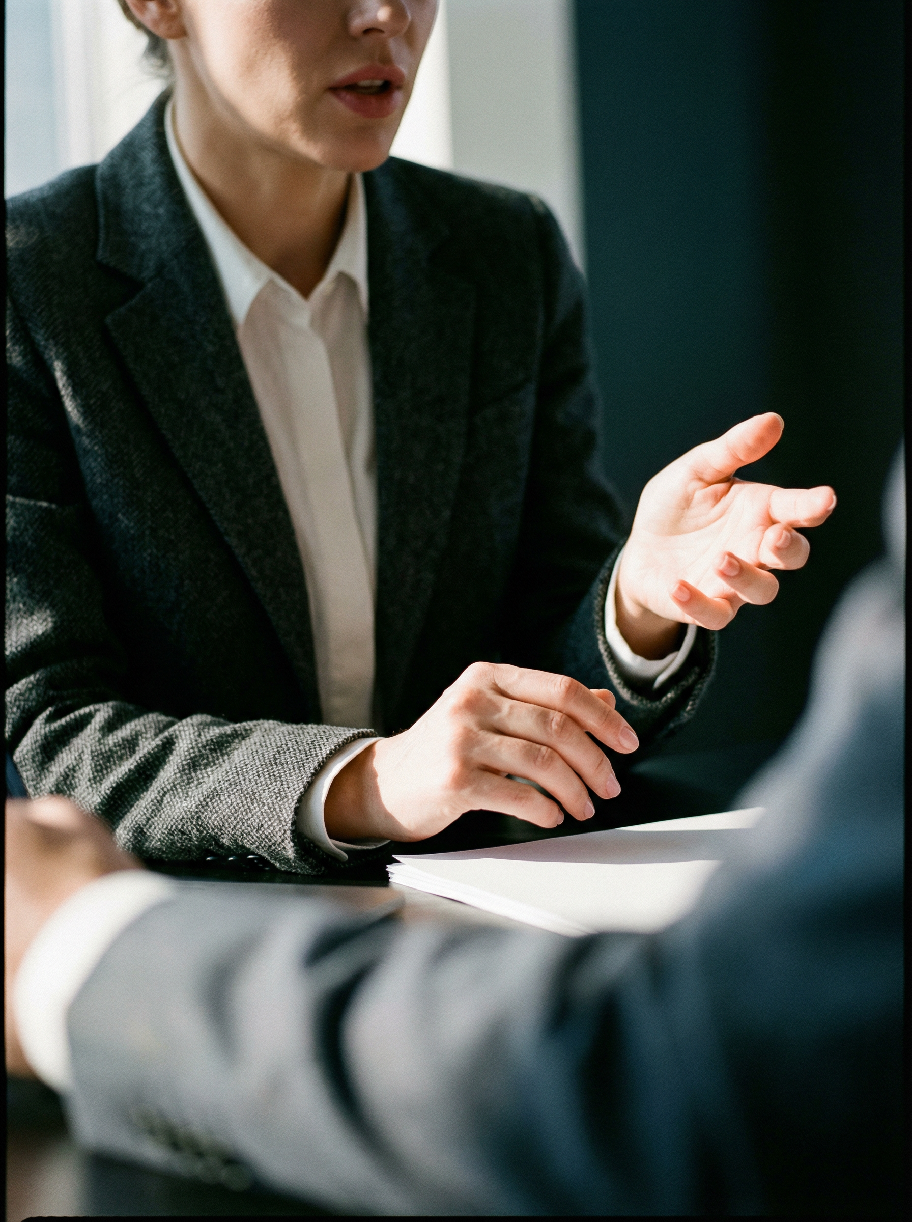 A woman in a dark gray blazer and white shirt is speaking and gesturing with her right hand during a business meeting or interview.