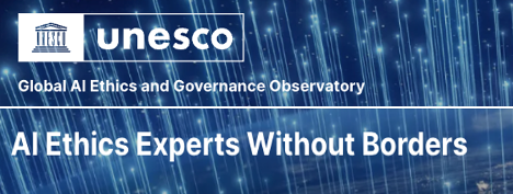UNESCO logo with text 'Global AI Ethics and Governance Observatory' and 'AI Ethics Experts Without Borders' on a blue digital background.