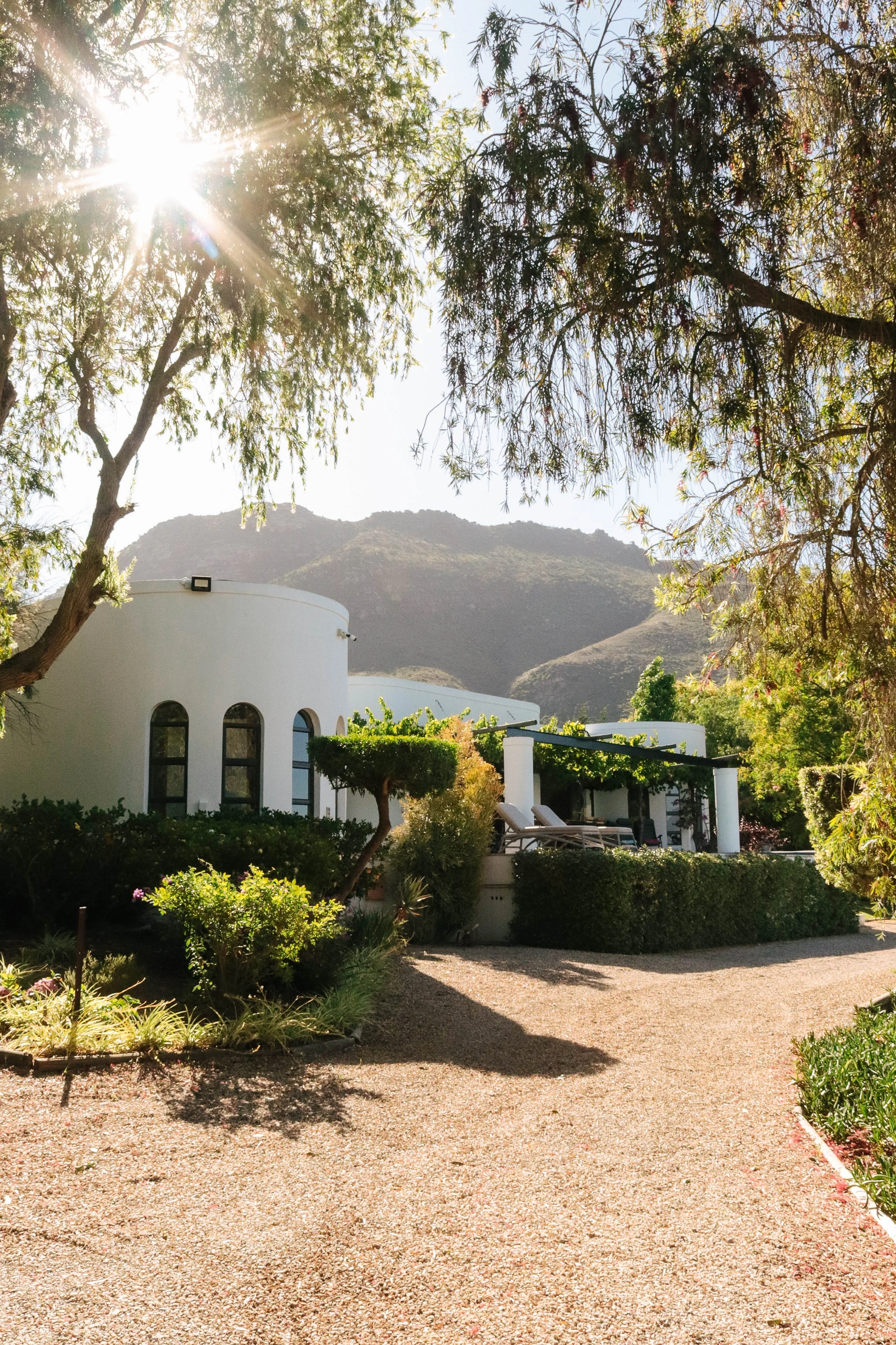 A white modern house with rounded walls and arched windows, surrounded by lush greenery and sitting in front of mountains. The sun shines brightly through the trees, casting shadows and creating a warm, serene atmosphere.