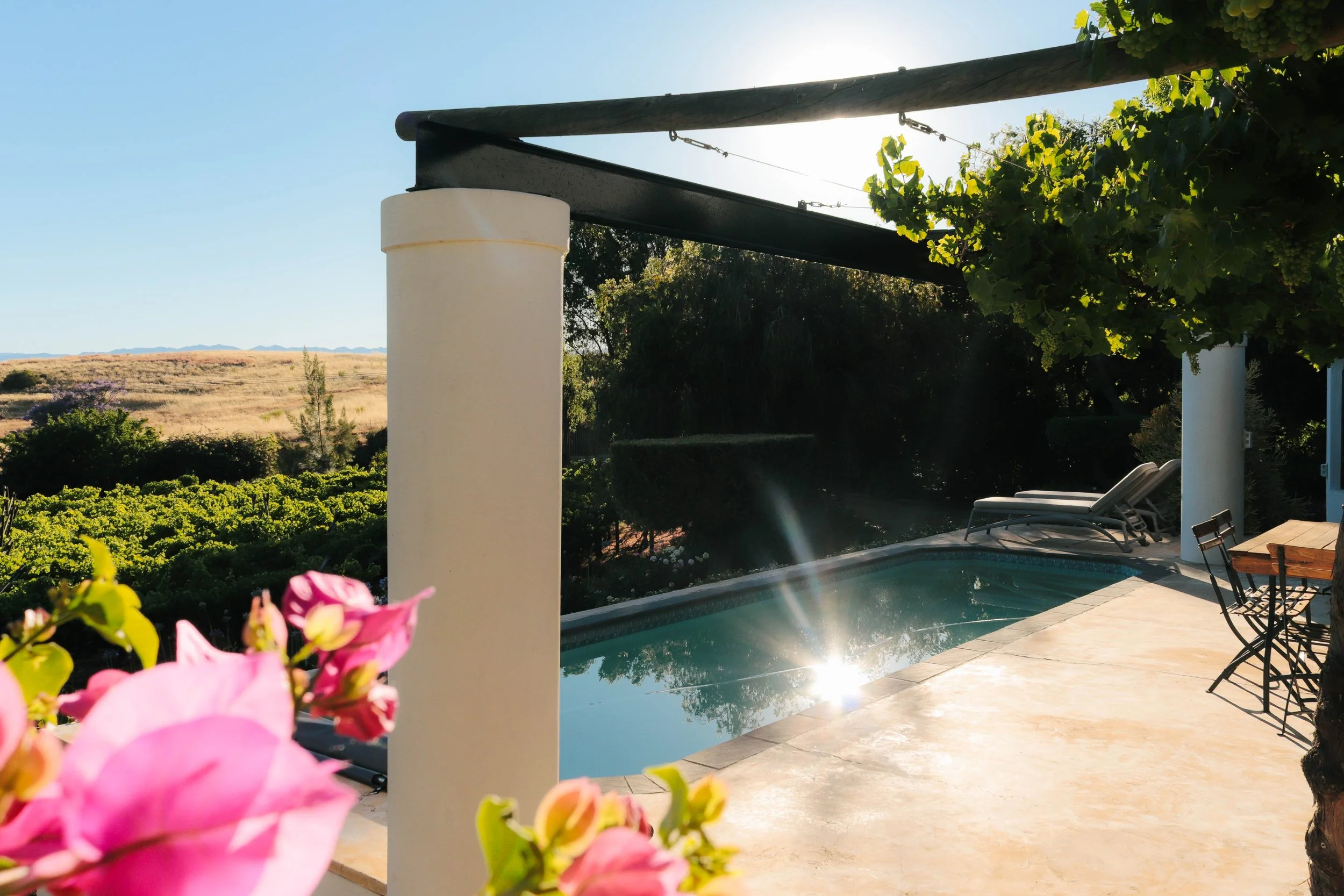 A backyard with a small swimming pool, outdoor lounge chairs, a table, and flowering plants, with a landscape of open fields and rolling hills under a clear blue sky.