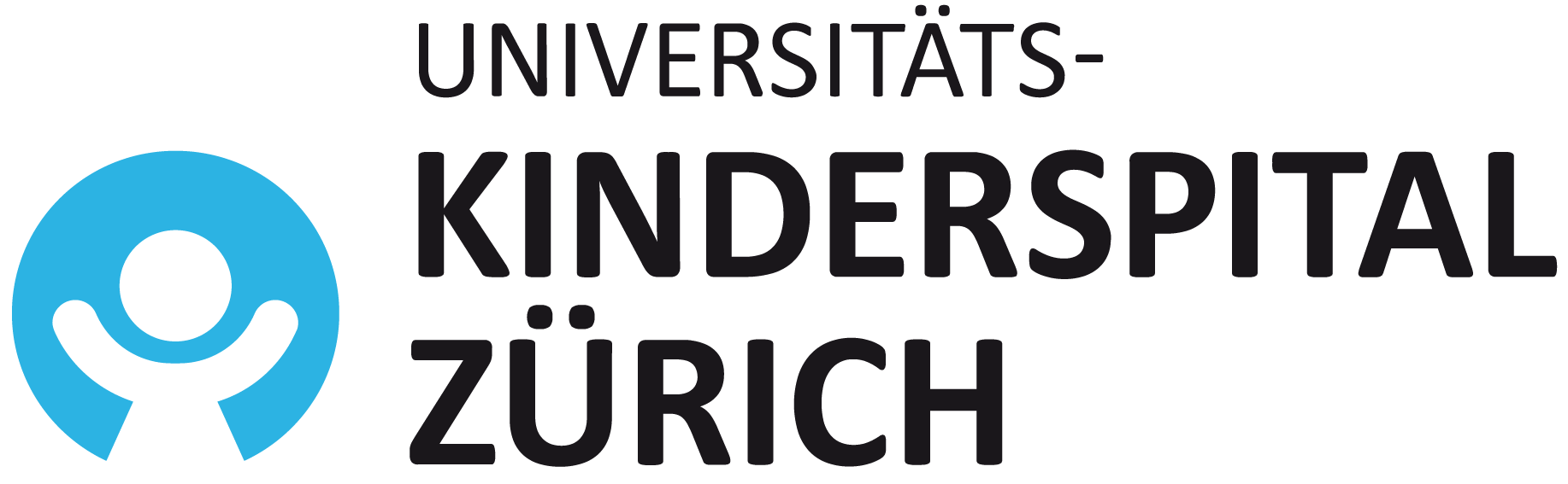 Das Bild zeigt das Logo des Universitäts-Kinderspitals Zürich, bestehend aus einem blauen Kreis mit einem stilisierten lachenden Kind darin, neben schwarzen Text, der den Namen der Einrichtung angibt.
