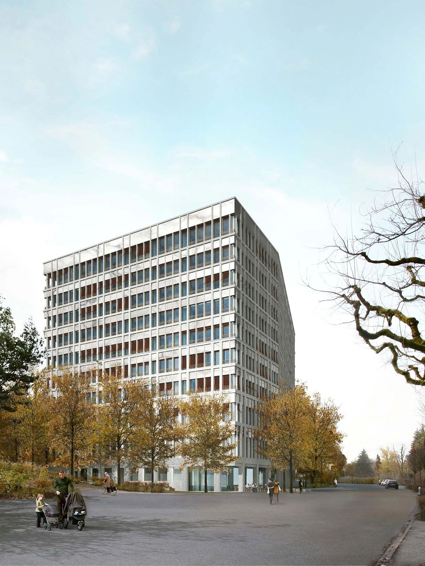 Ein modernes, mehrstöckiges Bürogebäude mit einer weißen Struktur, umgeben von Bäumen mit herbstlichen Blättern. Es gibt Menschen, die im Freien spazieren gehen, darunter eine Familie mit einem Kinderwagen, sowie einige Fahrradfahrer und Einzelpersonen. Das Gebäude steht in einer offenen, leeren Fläche bei Tageslicht.