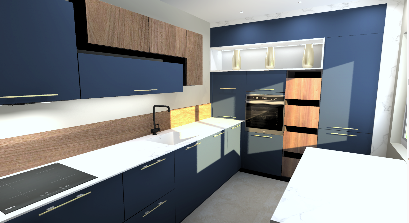 Cuisine moderne avec des meubles bleus, un plan de travail blanc, un évier noir et un four encastré, avec des luminaires suspendus