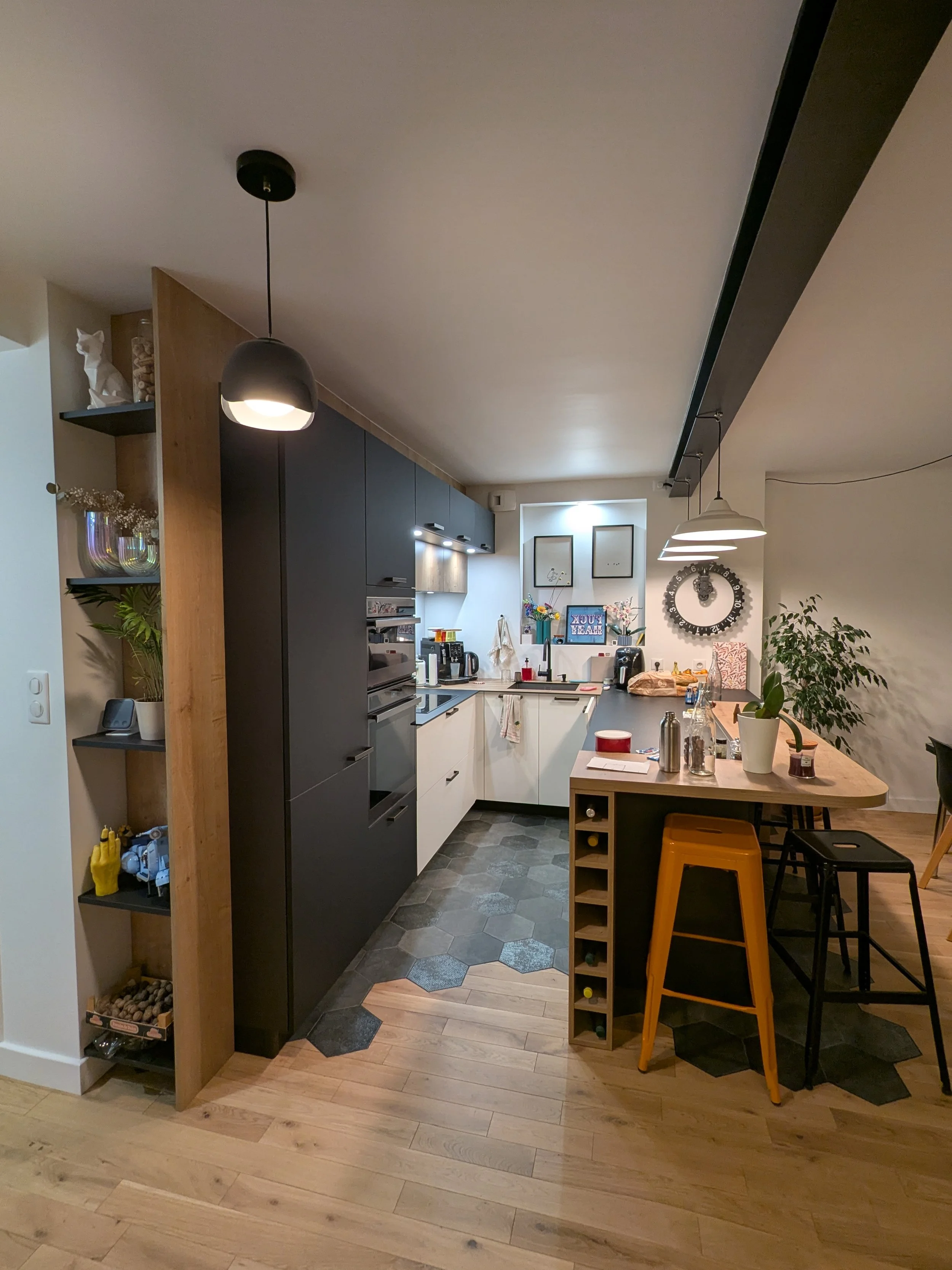 Cuisine avec comptoir, bar avec des tabourets, plantes, étagères avec décorations.