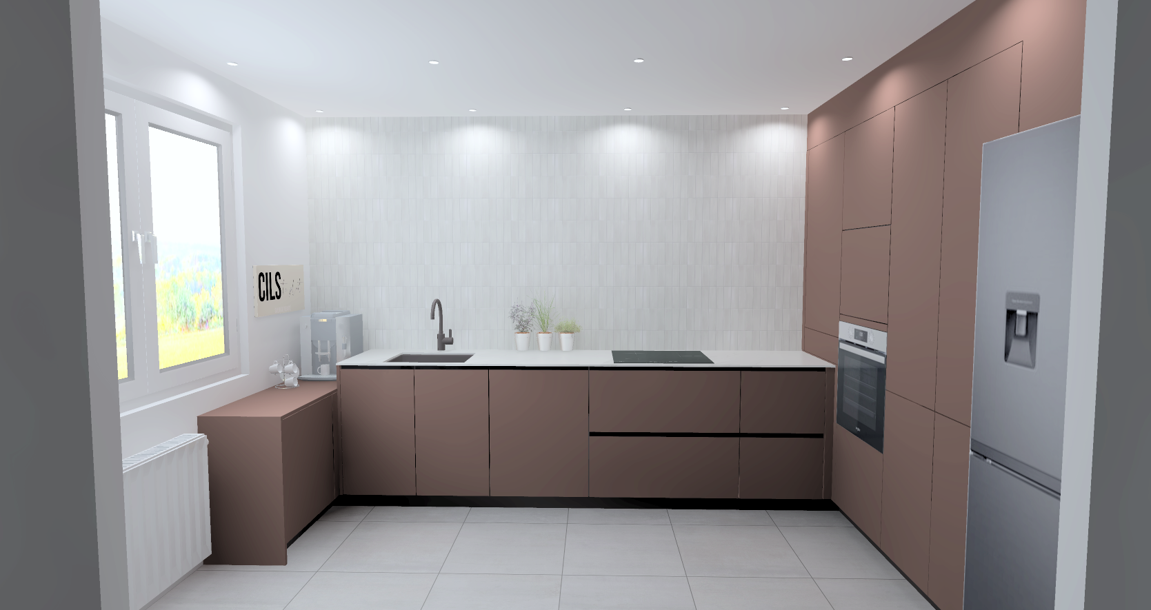 Cuisine moderne avec des armoires marron, un évier, un four encastré, un réfrigérateur, une fenêtre laissant entrer de la lumière naturelle, et quelques plantes décoratives sur le plan de travail.