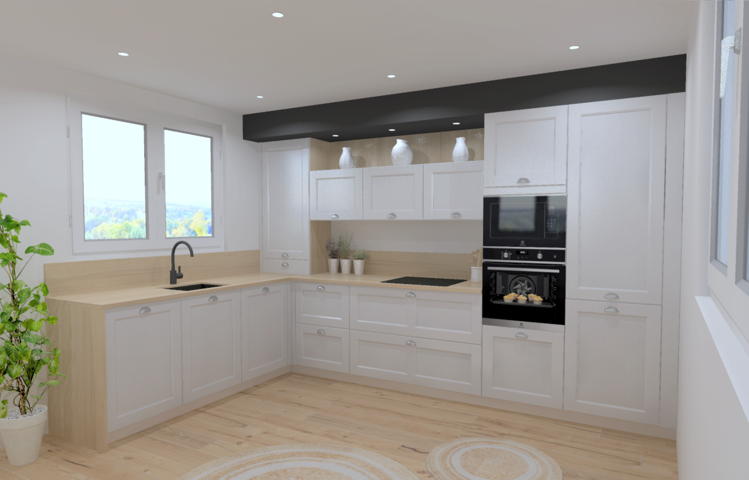 Cuisine lumineuse avec fenêtres, plan de travail en bois clair, armoires blanches, évier noir, appareils électroménagers intégrés, décoration minimaliste avec quelques vases et plantes.