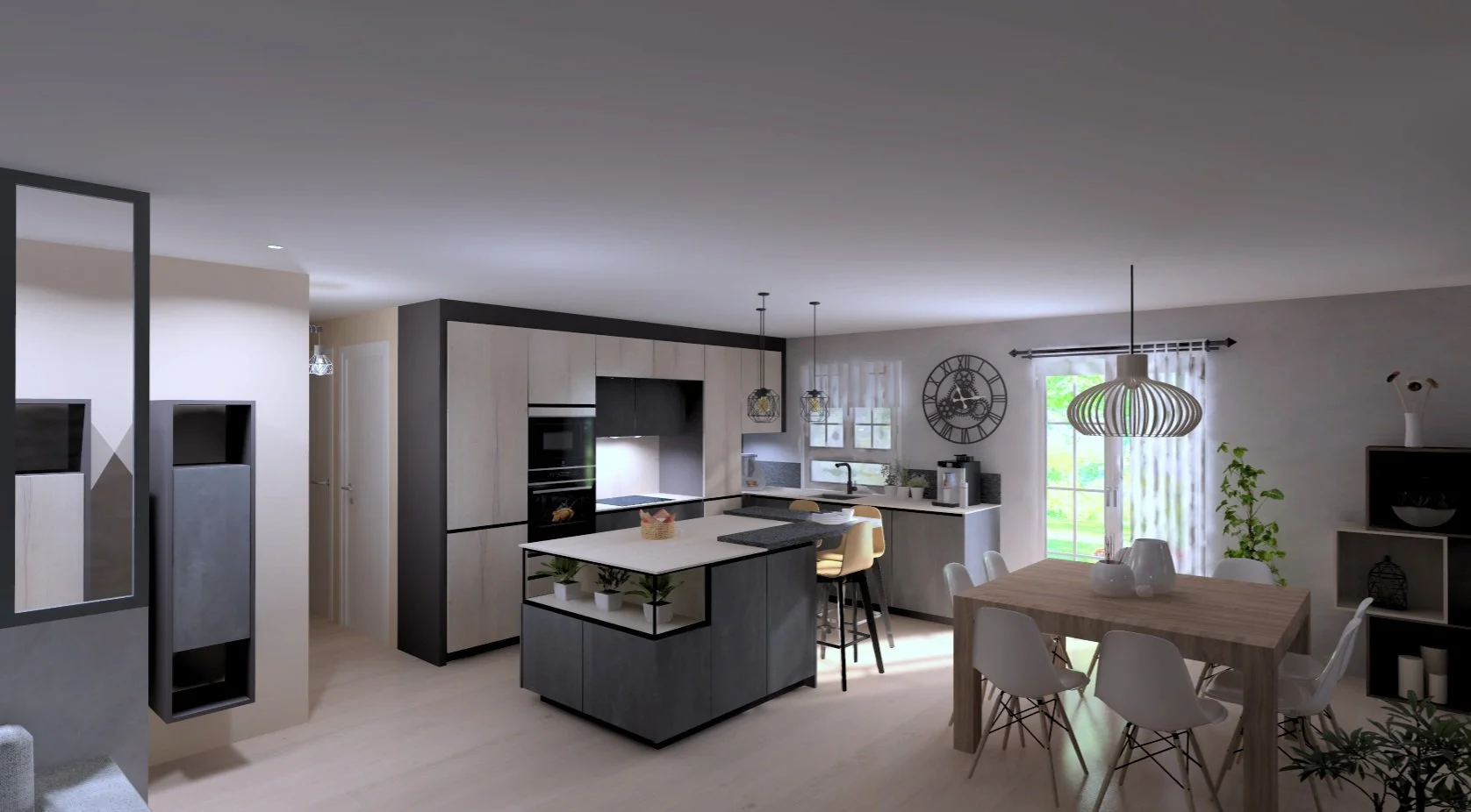 Cuisine moderne avec îlot central, salle à manger, grande fenêtre avec rideaux et décor moderne. 