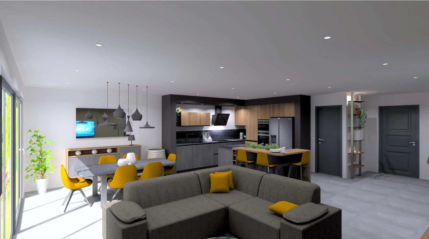 Salon et cuisine modernes avec canapés gris, chaises jaunes, grand espace ouvert, éclairage encastré, murs blancs, portes grises, et plantes d'intérieur.