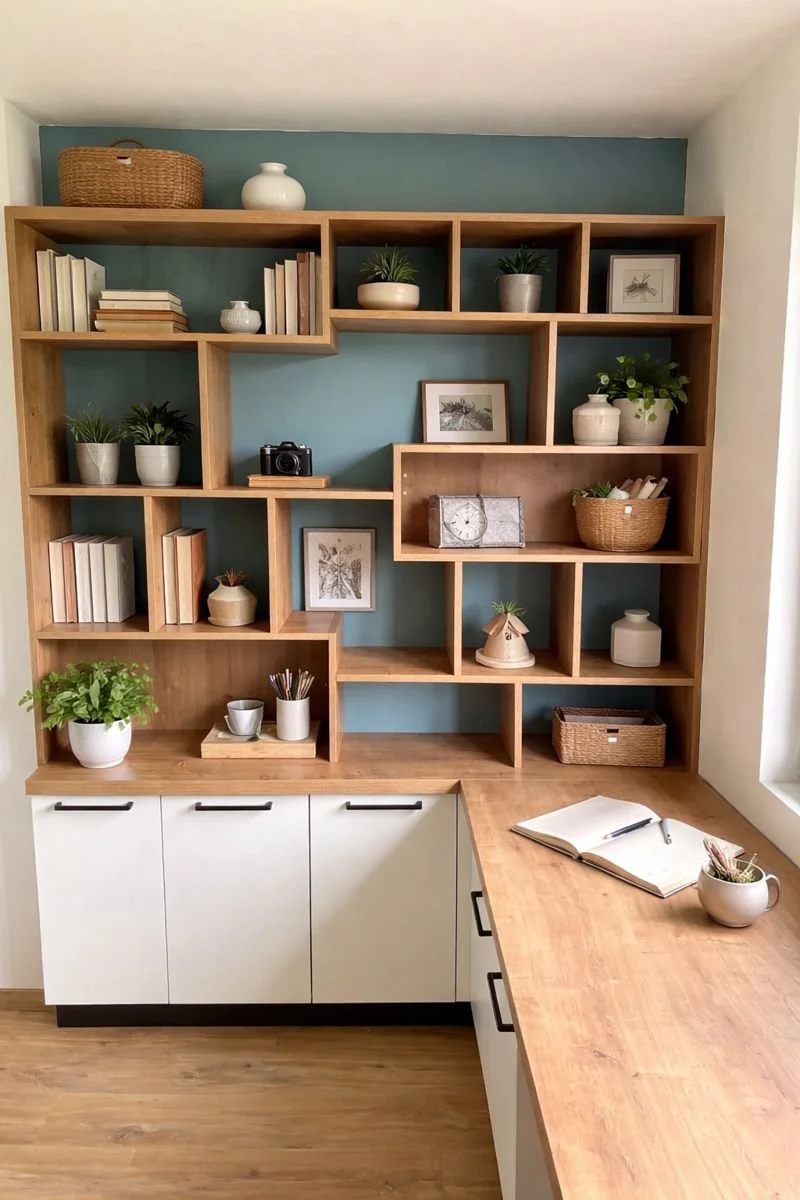 Un mur avec une étagère en bois décorée avec des livres, des plantes en pot, des cadres photo, une caméra, et des objets décoratifs. En dessous, un meuble blanc avec des portes et un bureau en bois avec un cahier, un stylo, et une tasse.