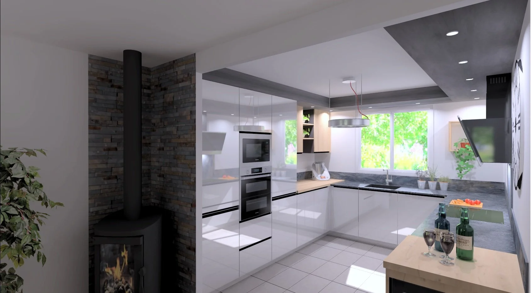 Cuisine moderne avec des armoires blanches, un mur en pierre, une fenêtre laissant entrer de la lumière naturelle, une plaque de cuisson avec des bouteilles de vin et des verres, et un poêle à bois noir dans un coin.