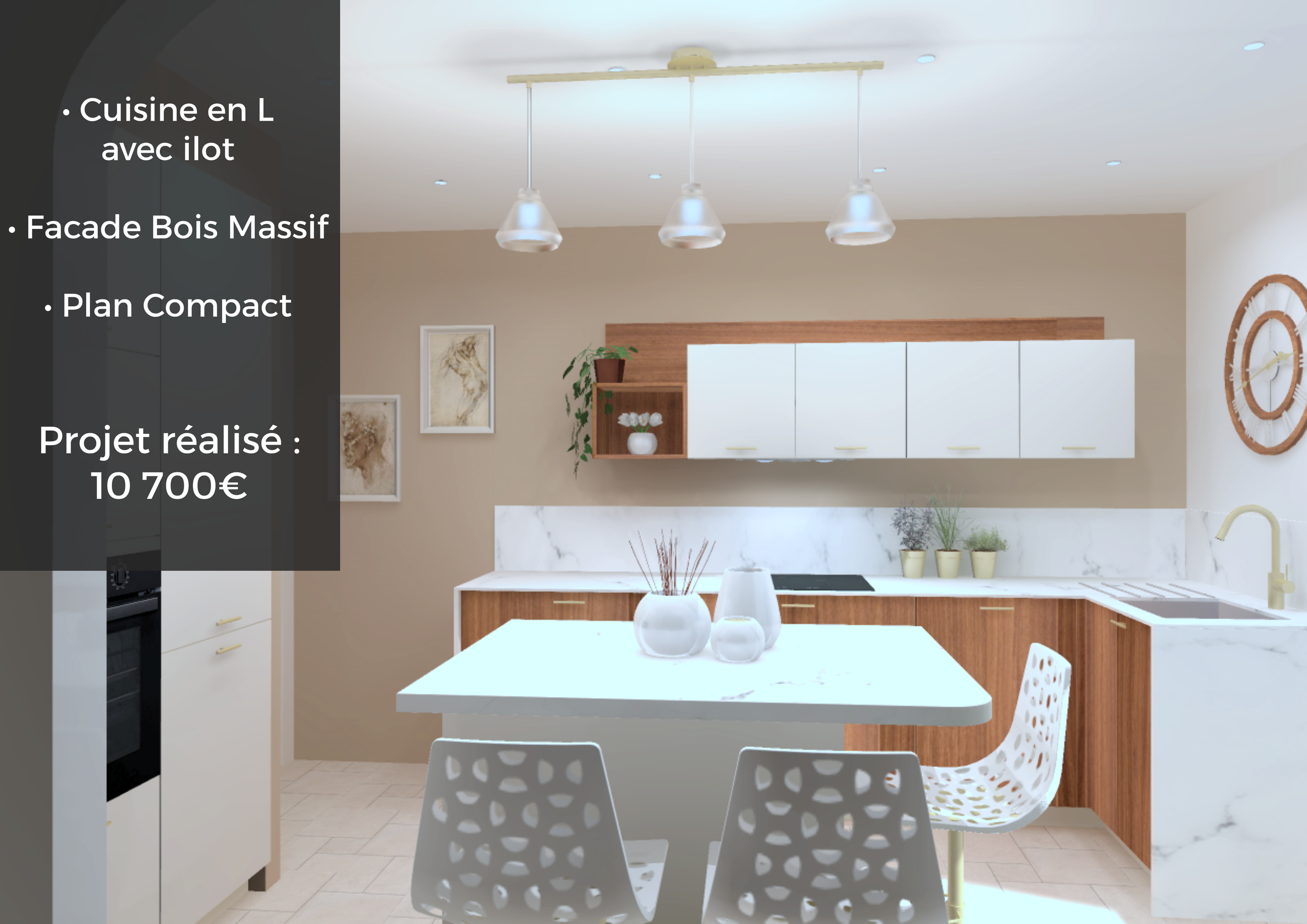 Cuisine moderne en L avec plan de marbre blanc, meubles en bois massif et façade blanche, lampe suspendue à trois lumières, horloge murale en bois, table avec vases décoratifs, plantes en pots, et plans de travail intégrés.