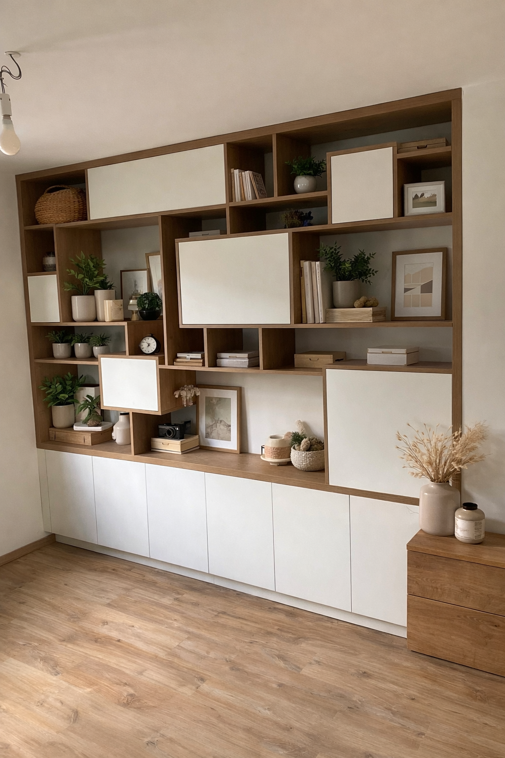 Une étagère murale en bois avec des plantes, des cadre et des décorations