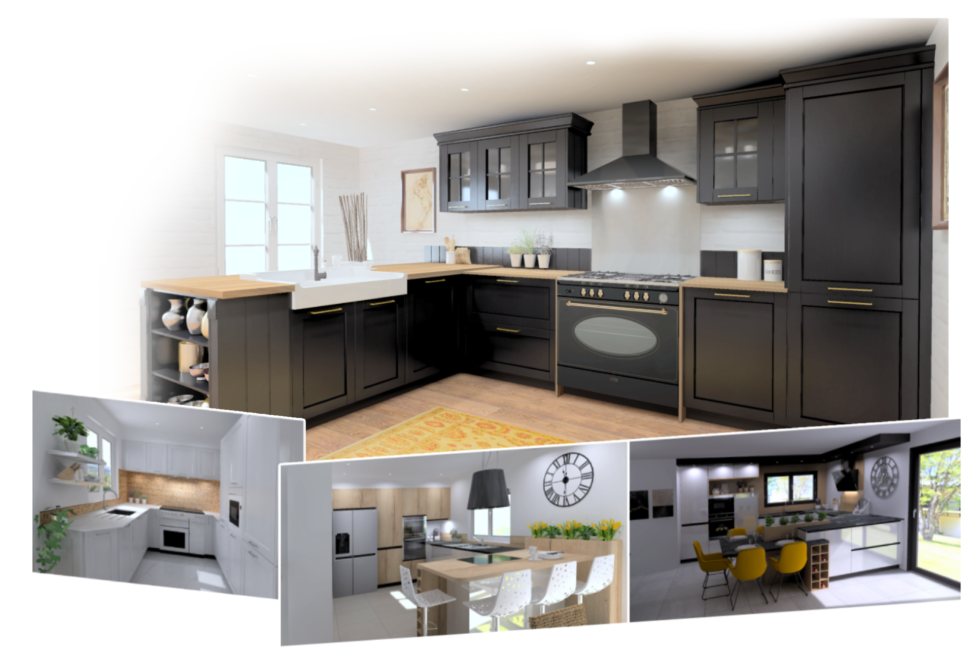 Collage de quatre cuisines modernes avec différentes configurations et styles.