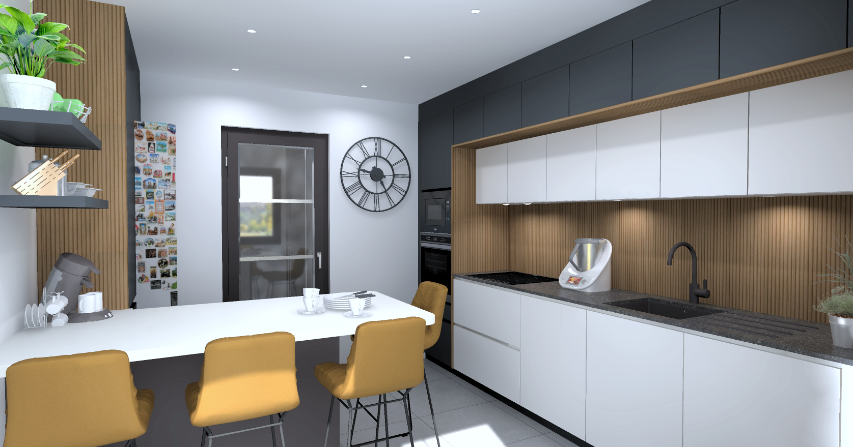 Cuisine moderne avec comptoir blanc, chaises jaunes, armoires blanches et grises, murs en bois, horloge murale, portes vitrées, étagères avec plantes et ustensiles, appareils électroménagers et éléments décoratifs.