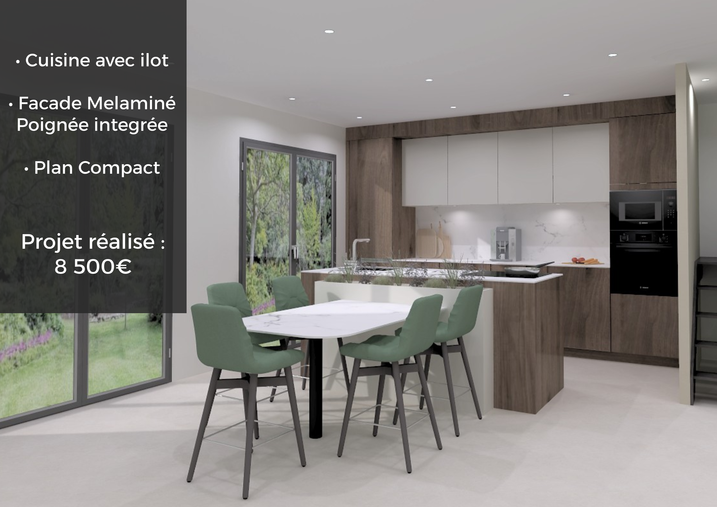 Cuisine moderne avec îlot, fenêtres donnant sur un jardin, mobilier en bois mélaminé, plan compact, cuisine contemporaine.