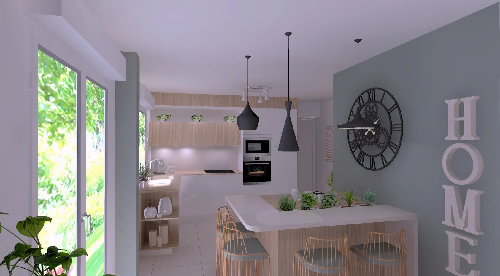 Cuisine moderne avec un mur bleu, un grand horloge noir, la décoration 'HOME', un plan de travail avec des plantes, chaises en bois avec coussins gris, grand fenêtres laissant entrer la lumière naturelle, et un éclairage suspendu noir.