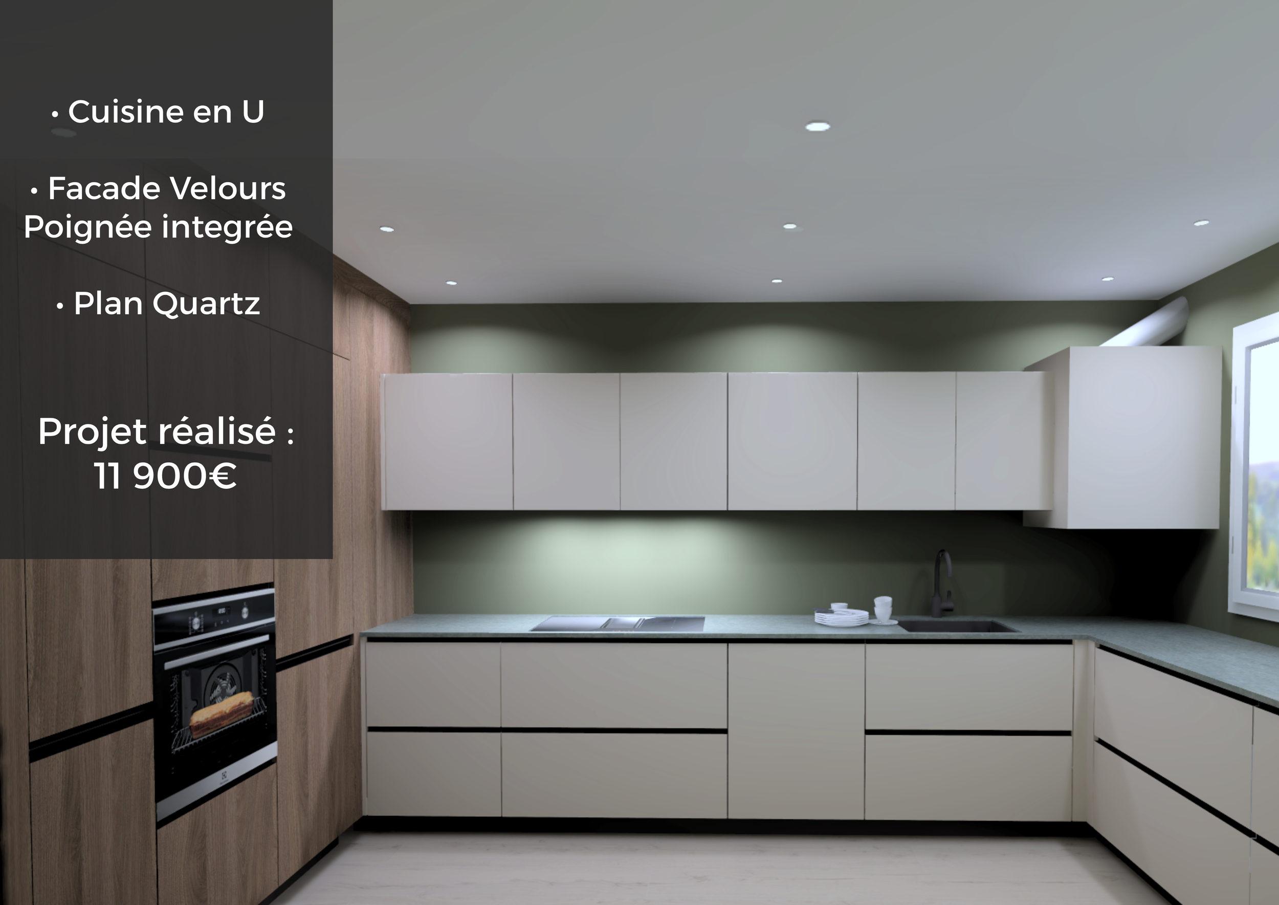 Cuisine moderne avec plan de travail en quartz, façades velours intégrées en vert et blanc, budget de 11 900 euros, vue d'une cuisine avec appareils intégrés et vue sur l'extérieur par une fenêtre.