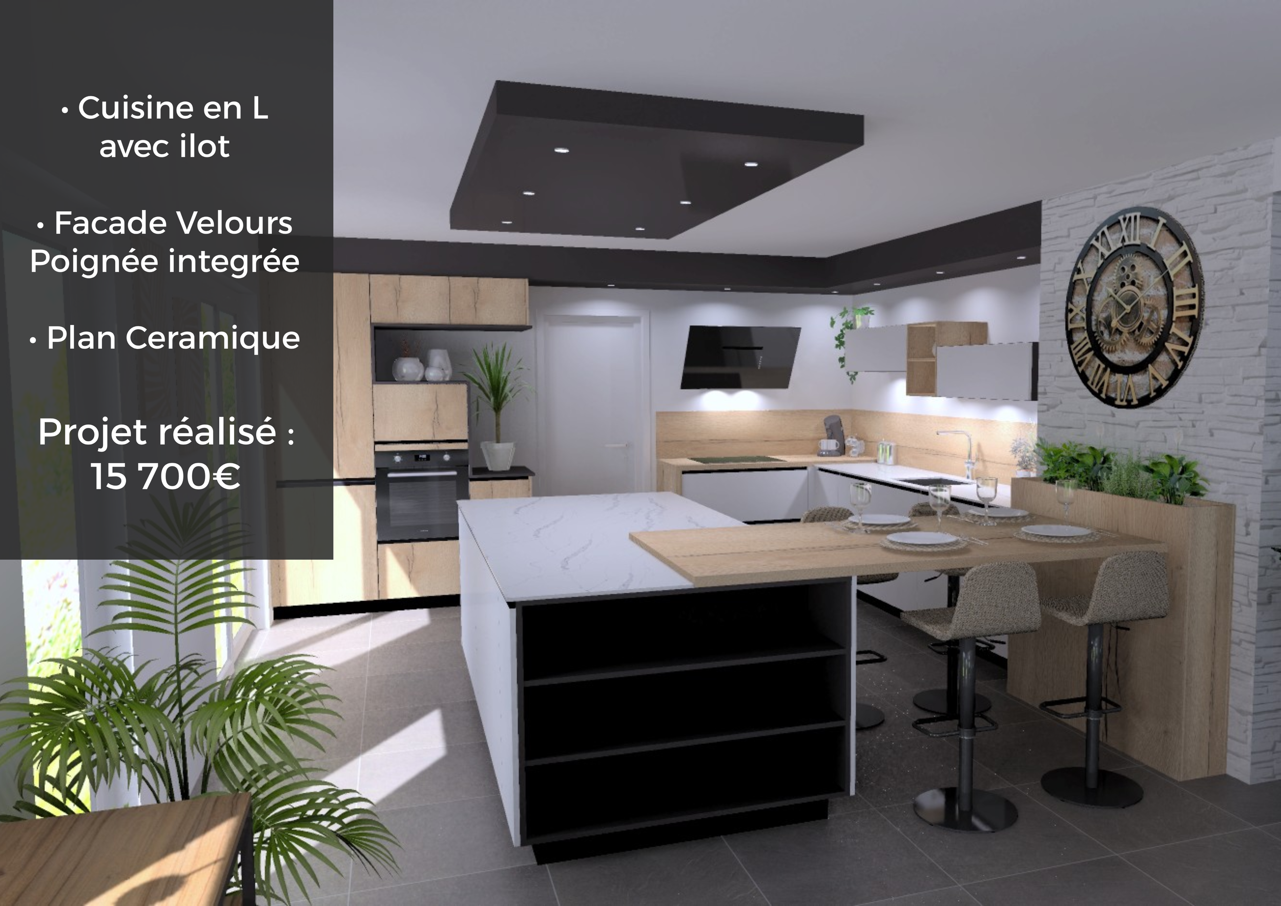 Une cuisine moderne en L avec un ilot central en marbre blanc, des meubles en bois clair, un mur en pierre blanche avec une horloge ancienne, un plan de travail en céramique beige, un coin repas avec des chaises en tissu beige, et quelques plantes décoratives.