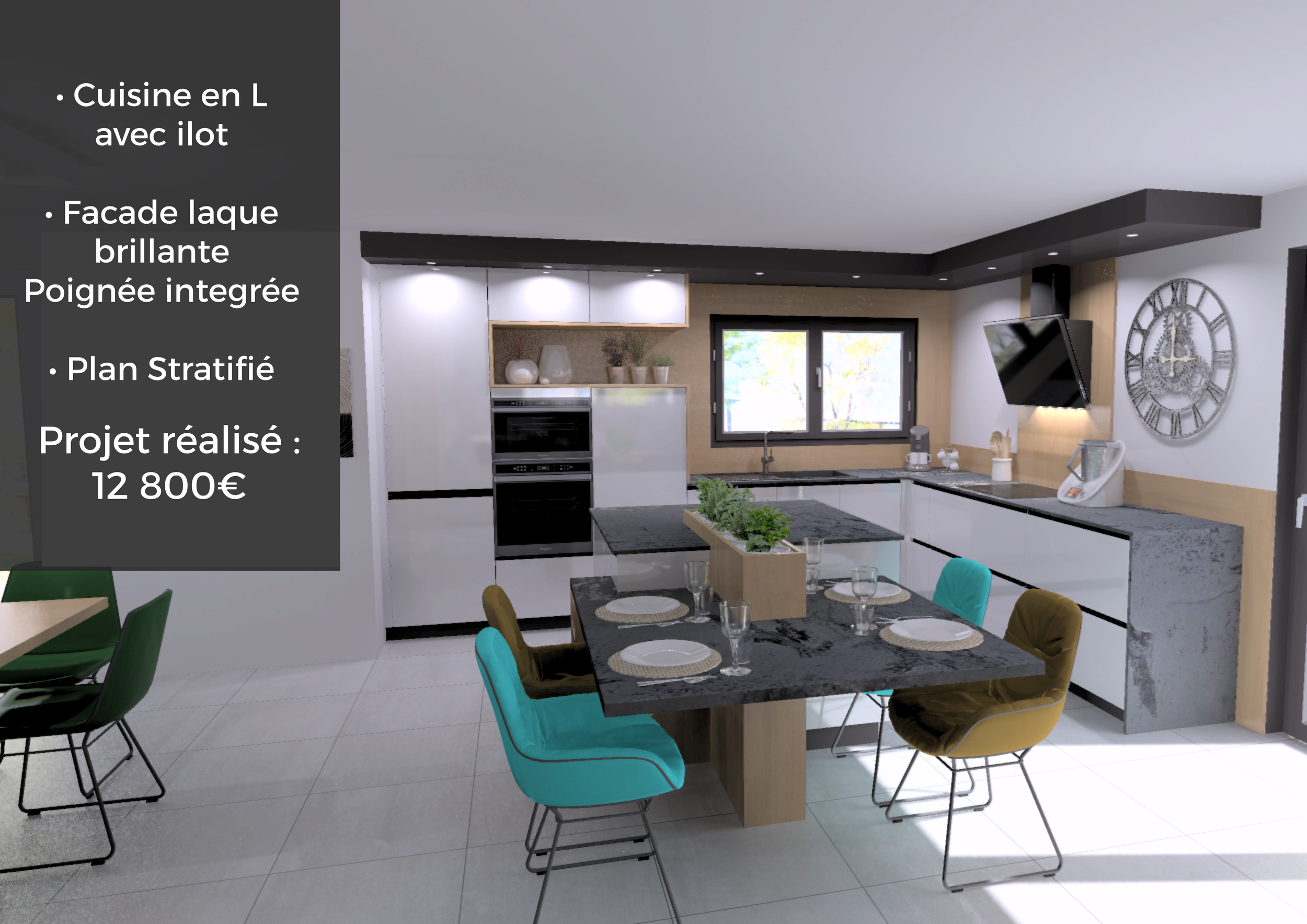 Cuisine moderne en L avec îlot, façade laquée brillante, poignée intégrée, plan stratifié, décoration épurée avec table à manger et chaises colorées, vue sur un intérieur lumineux.