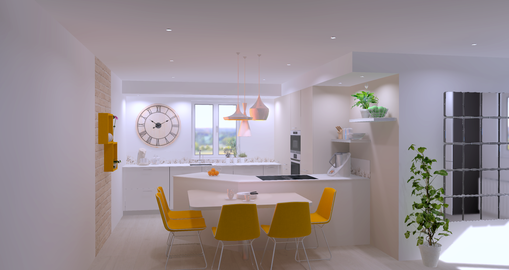 Cuisine moderne avec comptoir blanc, table à manger avec six chaises jaunes, gros horloge murale, fenêtres laissant entrer de la lumière naturelle, étagères de plantes vertes, et un réfrigérateur noir.