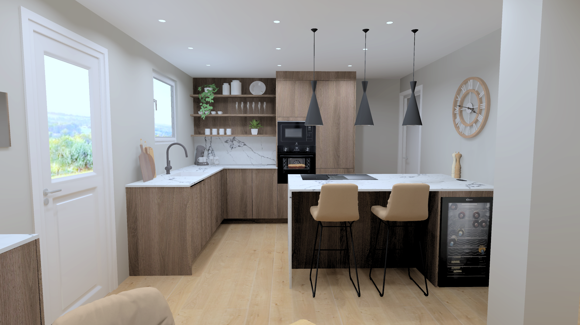 Cuisine moderne avec plans en marbre blanc, armoires en bois, planche de bois intégrée, deux chaises beiges au bar, horloge murale en bois, étagères ouvertes avec vaisselle et plantes, appareils électroménagers integrés, lampe suspendue noire, sol en