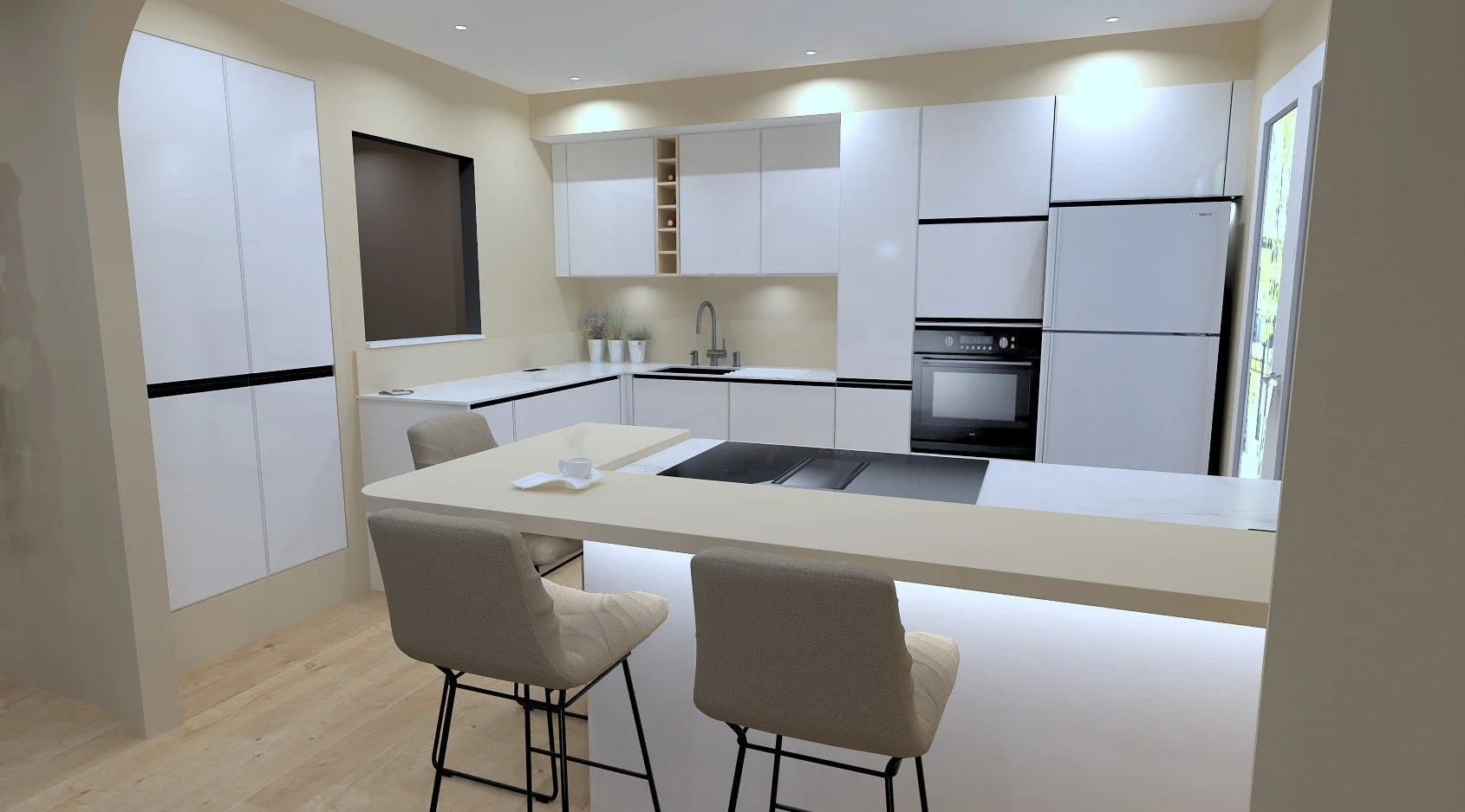 Cuisine moderne avec armoires blanches, un îlot central avec plaque de cuisson, un évier, four intégré, fenêtres laissant entrer la lumière naturelle, et une table avec deux chaises beige.