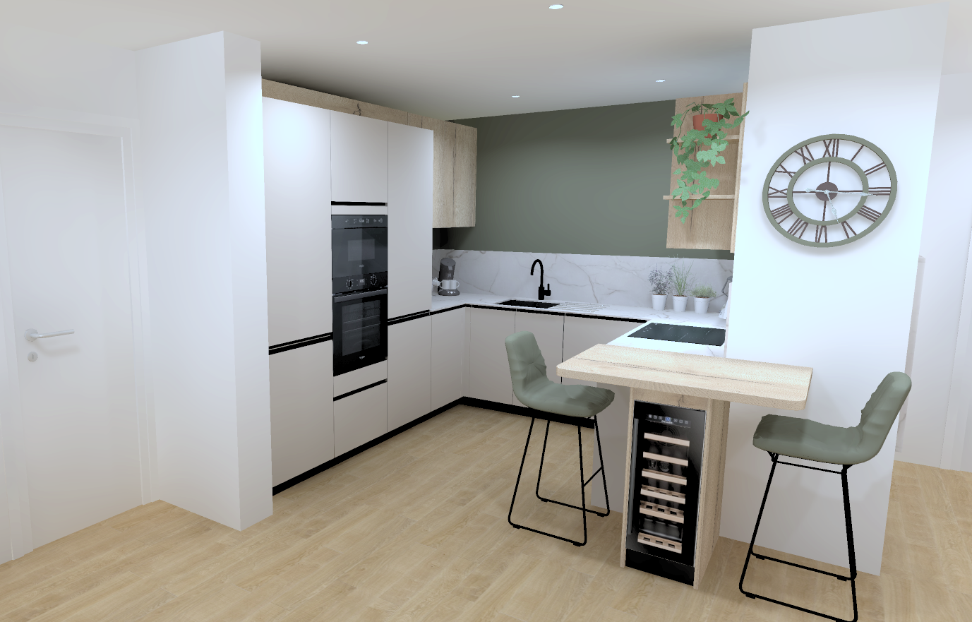 Cuisine moderne avec des armoires blanches, un plan de travail blanc avec marbre, une évier, une plaque de cuisson, des plantes en pots, un horloge murale, deux chaises autour d'un petit comptoir en bois, un sol en parquet clair.