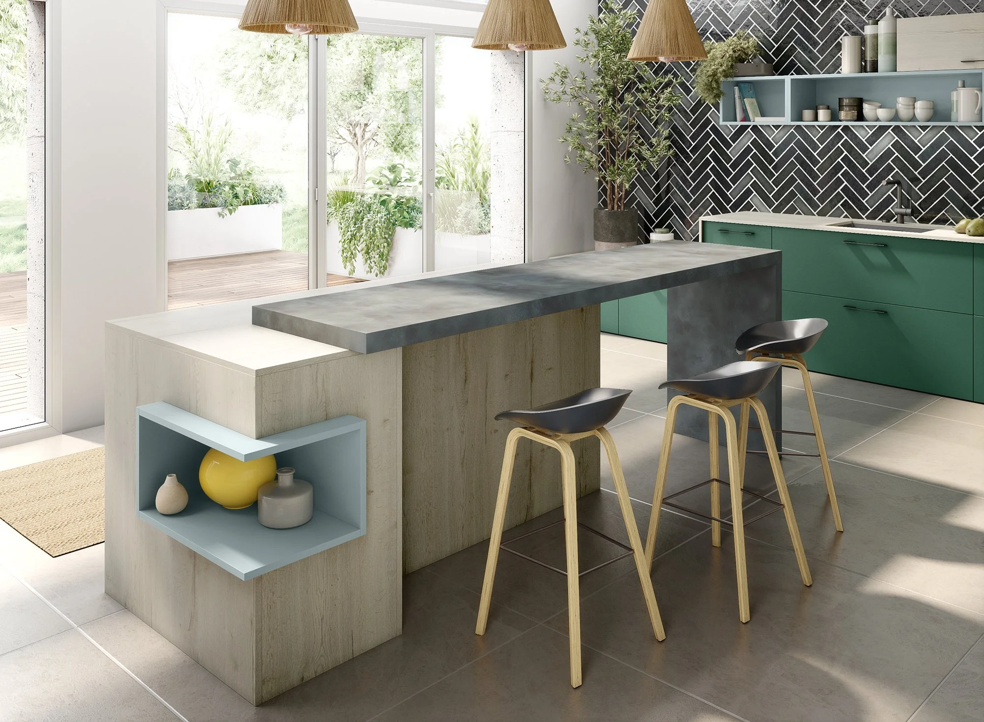 Cuisine moderne avec un plan de travail en béton, mobilier vert, mur en carreaux noirs et blancs, étagères ouvertes en bleu, et chaises hautes en bois avec assises en noir.
