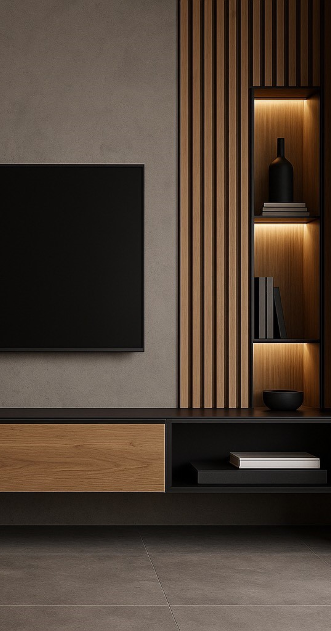 Intérieur moderne avec un mur en bois, une étagère encastrée avec une bouteille noire, des livres et une boîte noire, un meuble bas en bois et noir, un mur gris clair, et un sol en carrelage gris.