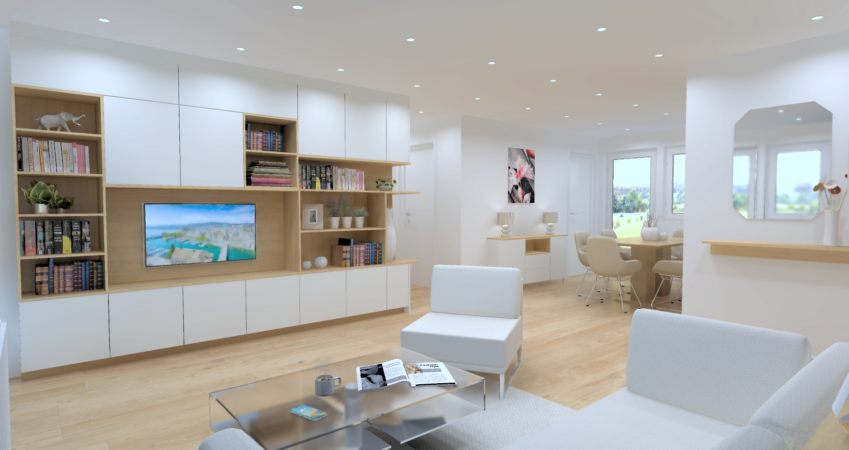 Salon lumineux avec meubles blancs, étagère en bois avec livres et décorations, télévision, table basse avec magazine, canapés blancs, et espace dinatoire avec table et chaises près des fenêtres offrant une vue sur l'extérieur.