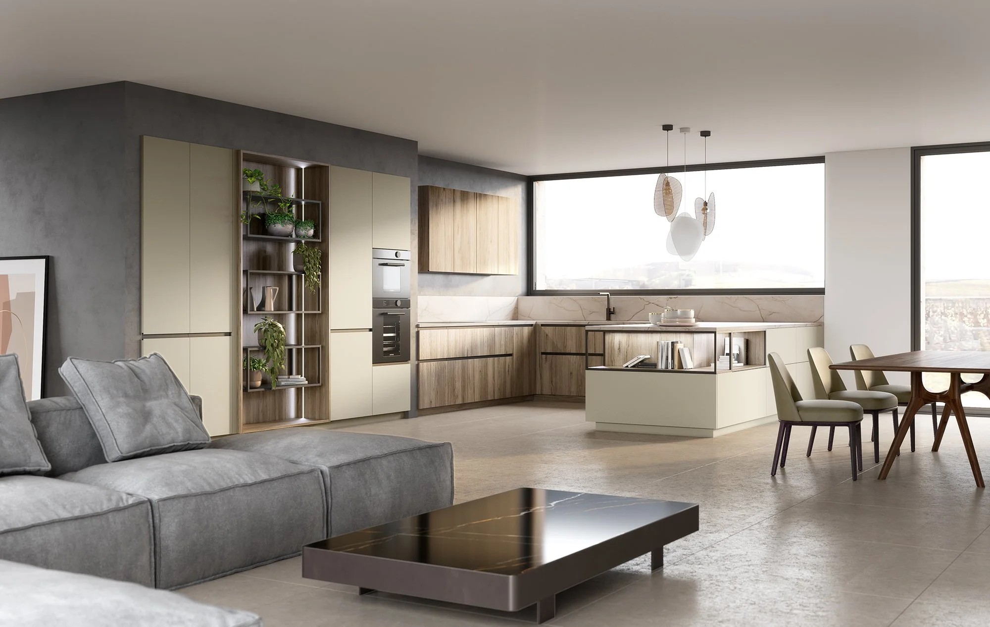 Intérieur moderne d'un salon et cuisine avec canapé gris, table basse noire, cuisine en bois clair et blanc, grande fenêtre laissant entrer la lumière, éléments décoratifs contemporains.