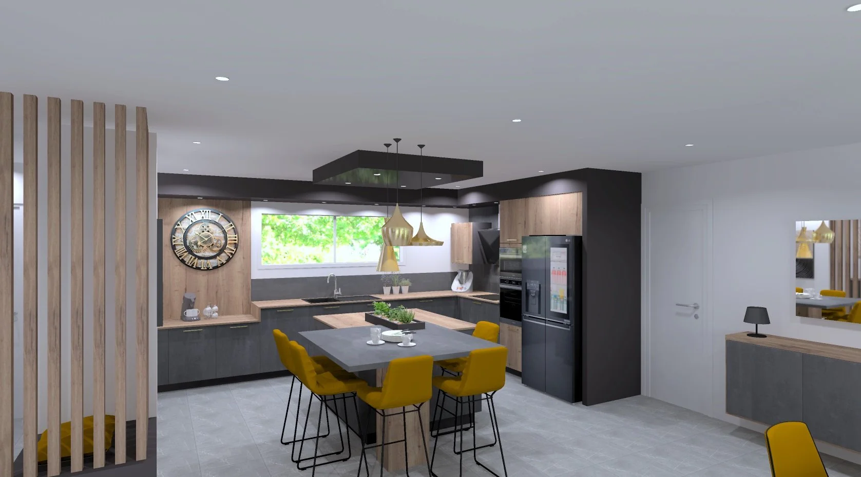 Cuisine moderne avec mobilier en bois clair, comptoirs en pierre grise, chaises jaunes, horloge murale, fenêtres avec vue verte, et décoration minimaliste.