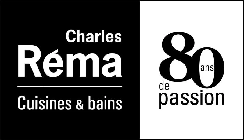Logo en noir et blanc pour Charles Réma, spécialisé en cuisines et bains, célébrant 80 ans de passion.