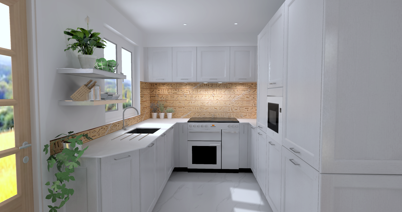 Cuisine moderne avec armoires blanches, plan de travail blanc, dosseret en bois avec hiéroglyphes égyptiens, fenêtres laissant entrer de la lumière, étagères avec plantes et ustensiles.