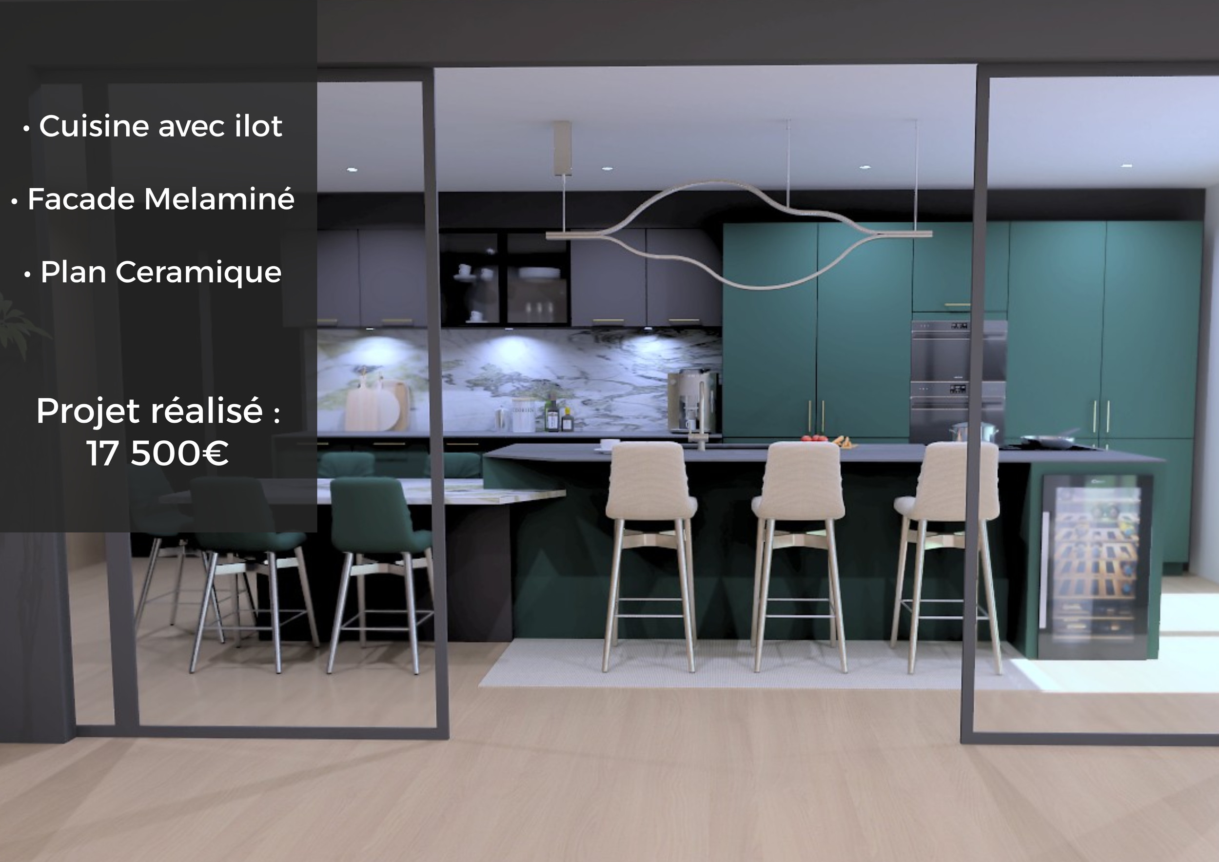 Cuisine moderne avec ilot central, façade en mélaminé bleu vert, plan en céramique blanc, bar avec quatre chaises beiges, vitrine réfrigérée, fond avec plans de travail en marbre, armoires grises et vertes, suspension design en forme d'ondulation.