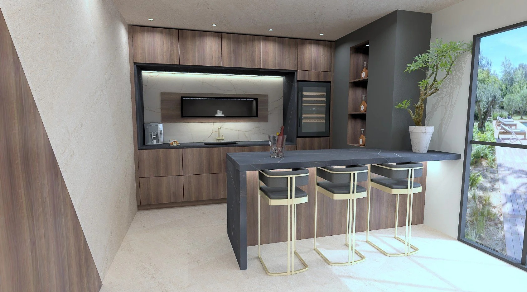 Cuisine moderne avec plan de travail en pierre noire, armoire en bois, un bar avec trois tabourets de bar avec cadres en or, porte de porte de salon vitrée, grande plante en pot, cuisine équipée avec cafetière et bouteille, vue sur l'extérieur avec a