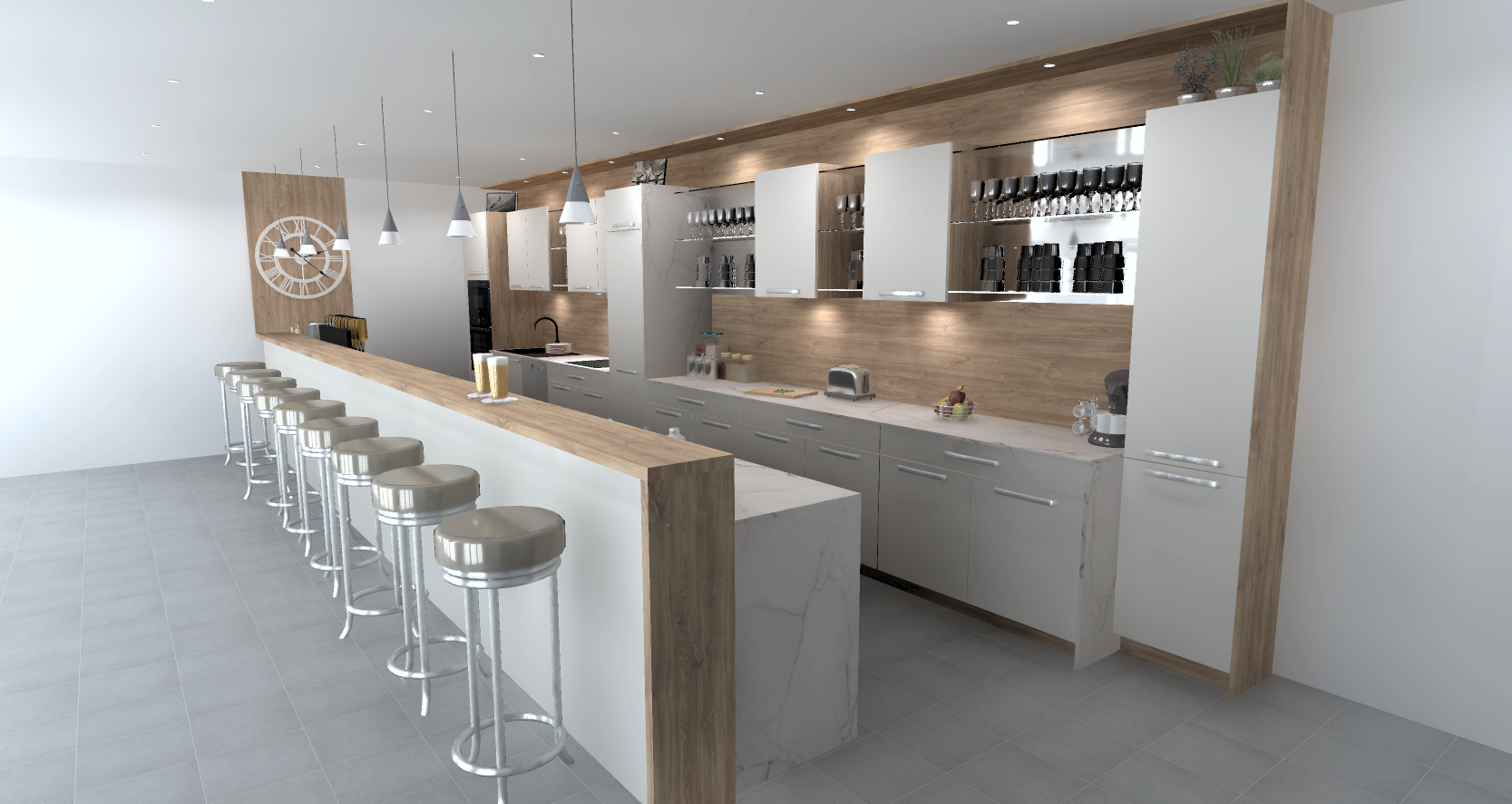 Cuisine moderne avec un comptoir en bois, des tabourets en métal, des armoires blanches et une paroi en bois, certains appareils électroménagers visibles, étagères avec des verrres et des accessoires.