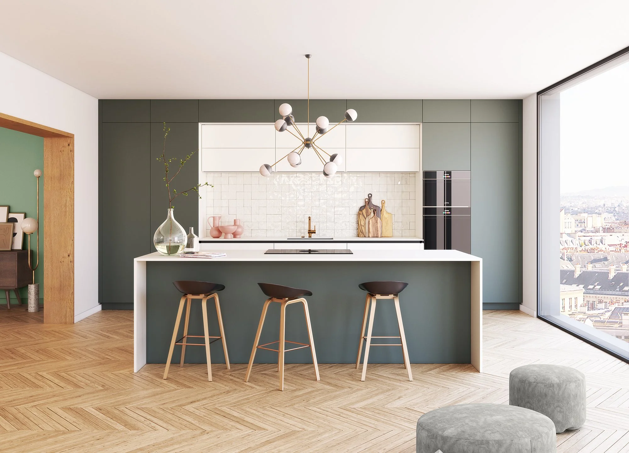 Cuisine moderne avec un mur vert foncé, un plan de travail blanc, des tabourets en bois et en plastique, un plafond blanc avec un lustre design, une grande fenêtre donnant sur une ville, et des décorations minimalistes.