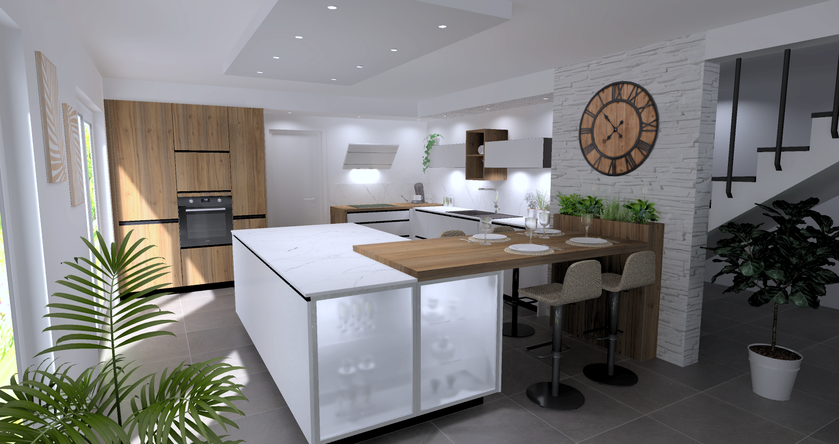 Cuisine moderne avec îlot central en marbre blanc, murs blancs, meubles en bois clair et blanc, horloge ronde en bois sur mur en briques blanches, plantes vertes, étagères en bois flottantes, coin repas avec quatre assiettes et verres, escaliers noir